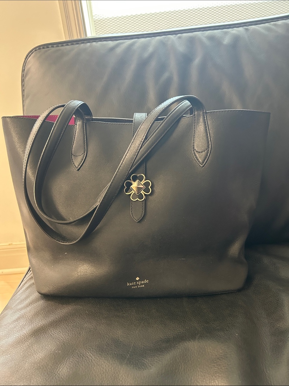 kate spade Black Leather Tote with Clover Charm